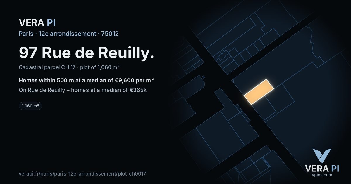 97 Rue de Reuilly, 12e arrondissement at night – the plot lit, the parcels around coloured by the prices near them