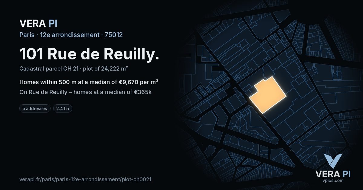 101 Rue de Reuilly, 12e arrondissement at night – the plot lit, the parcels around coloured by the prices near them