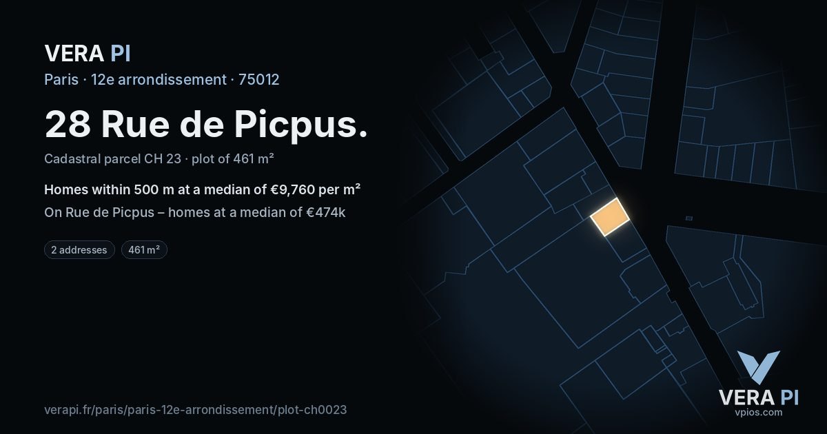 28 Rue de Picpus, 12e arrondissement at night – the plot lit, the parcels around coloured by the prices near them