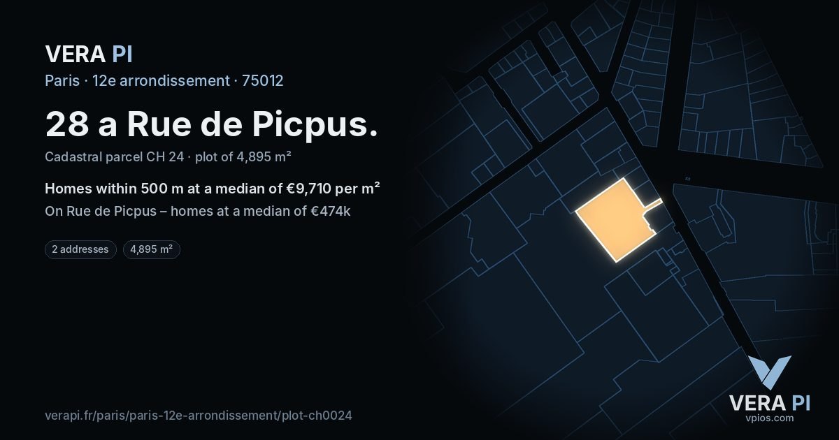 28 a Rue de Picpus, 12e arrondissement at night – the plot lit, the parcels around coloured by the prices near them