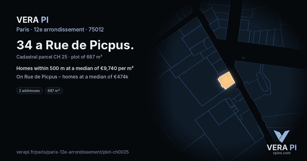34 a Rue de Picpus, 12e arrondissement at night – the plot lit, the parcels around coloured by the prices near them