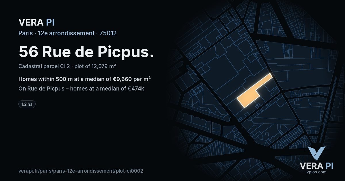 56 Rue de Picpus, 12e arrondissement at night – the plot lit, the parcels around coloured by the prices near them