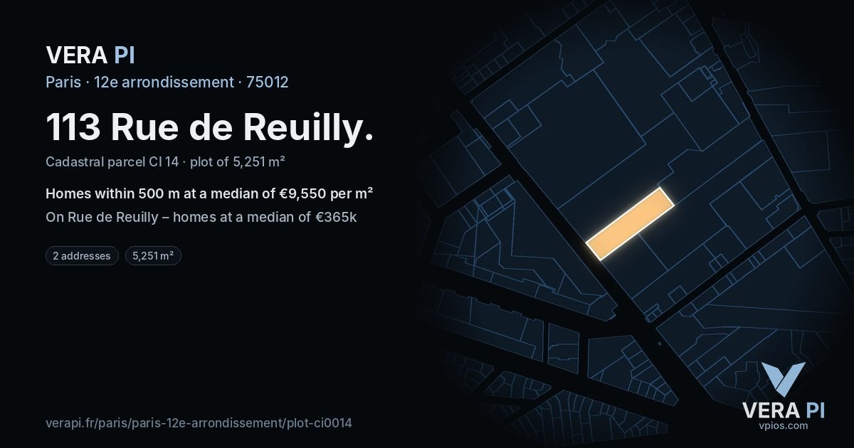 113 Rue de Reuilly, 12e arrondissement at night – the plot lit, the parcels around coloured by the prices near them