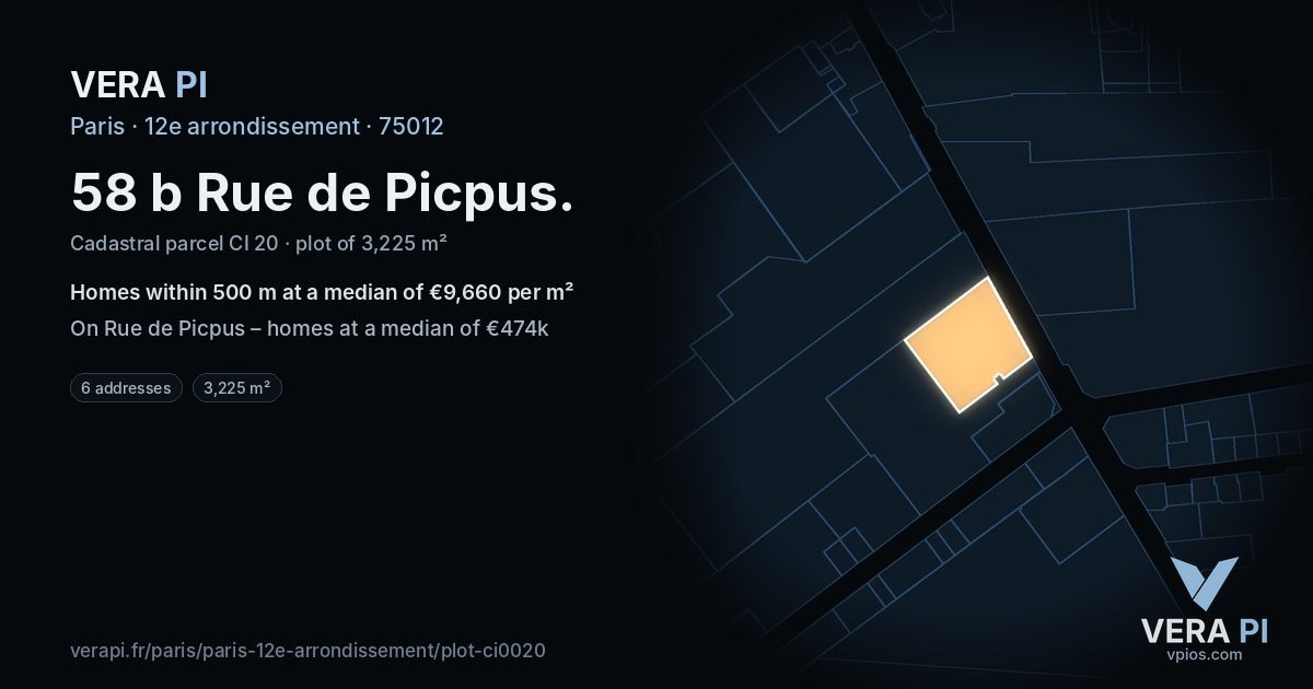 58 b Rue de Picpus, 12e arrondissement at night – the plot lit, the parcels around coloured by the prices near them