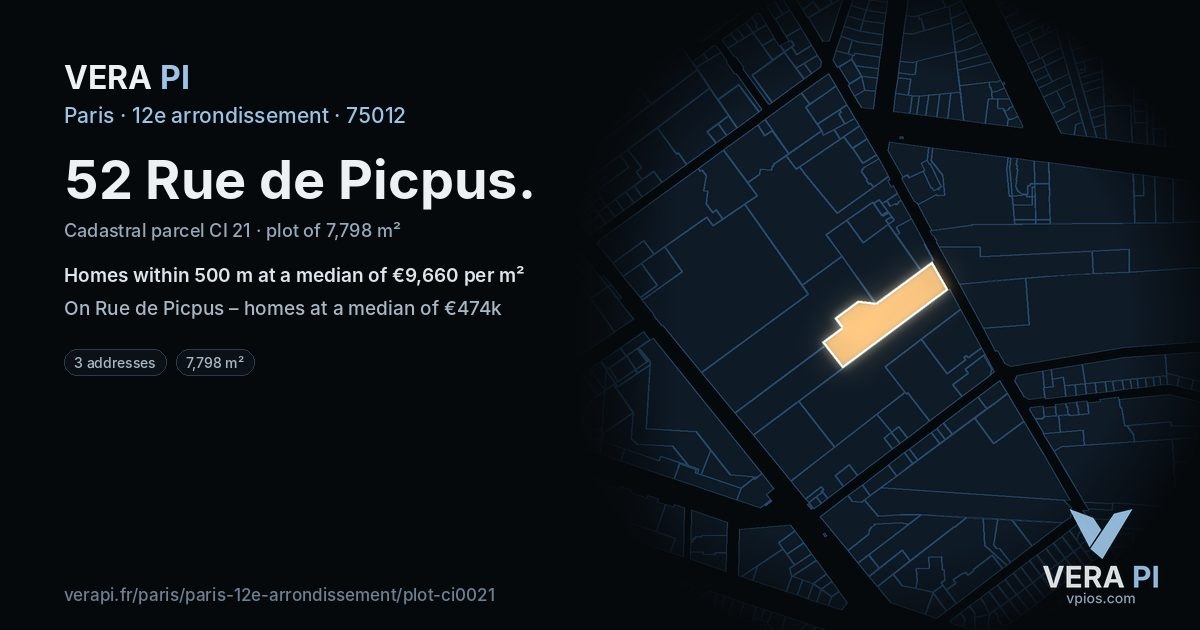 52 Rue de Picpus, 12e arrondissement at night – the plot lit, the parcels around coloured by the prices near them