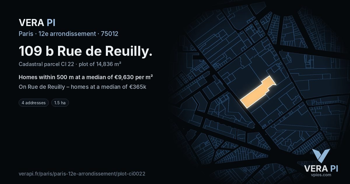 109 b Rue de Reuilly, 12e arrondissement at night – the plot lit, the parcels around coloured by the prices near them