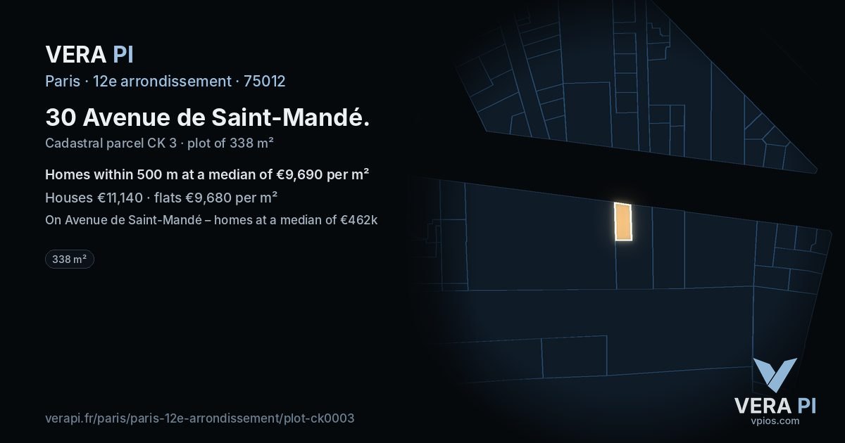 30 Avenue de Saint-Mandé, 12e arrondissement at night – the plot lit, the parcels around coloured by the prices near them