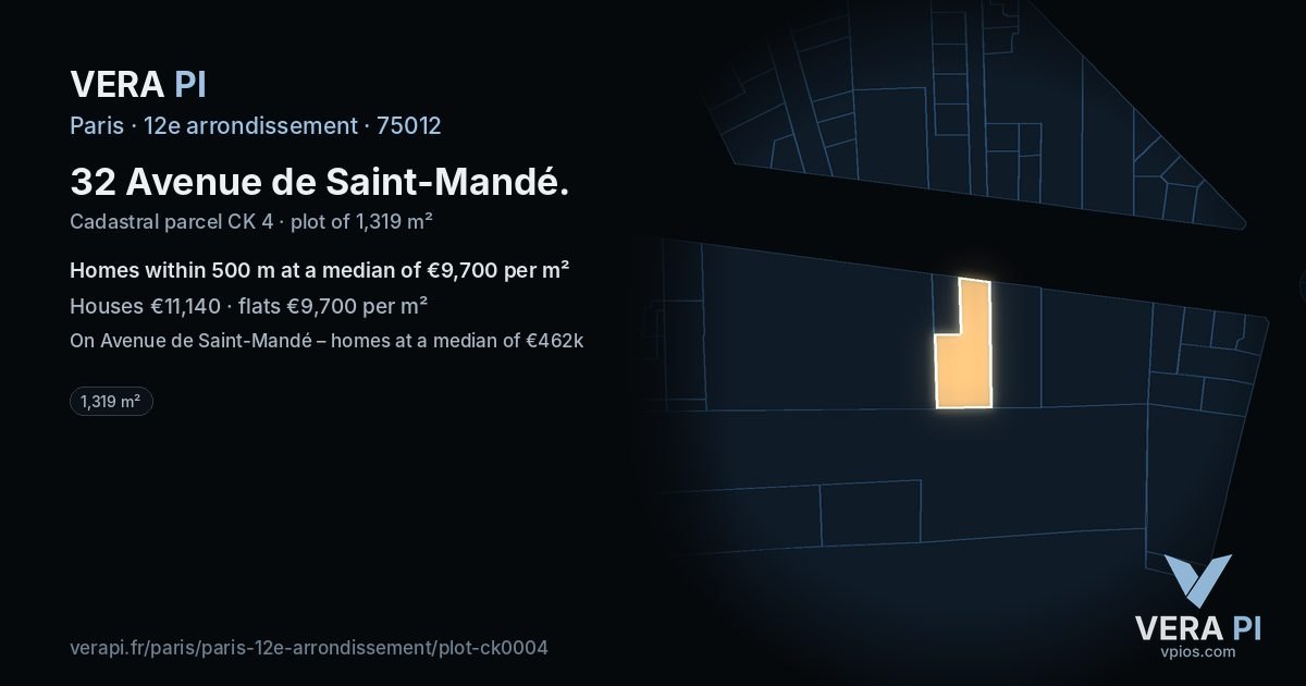 32 Avenue de Saint-Mandé, 12e arrondissement at night – the plot lit, the parcels around coloured by the prices near them