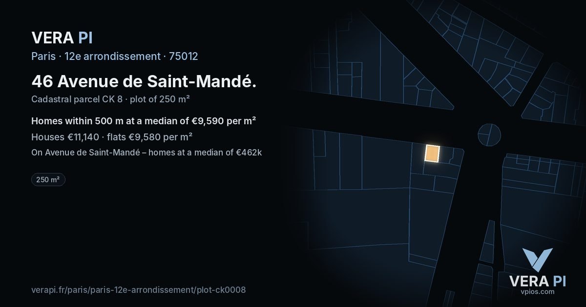 46 Avenue de Saint-Mandé, 12e arrondissement at night – the plot lit, the parcels around coloured by the prices near them