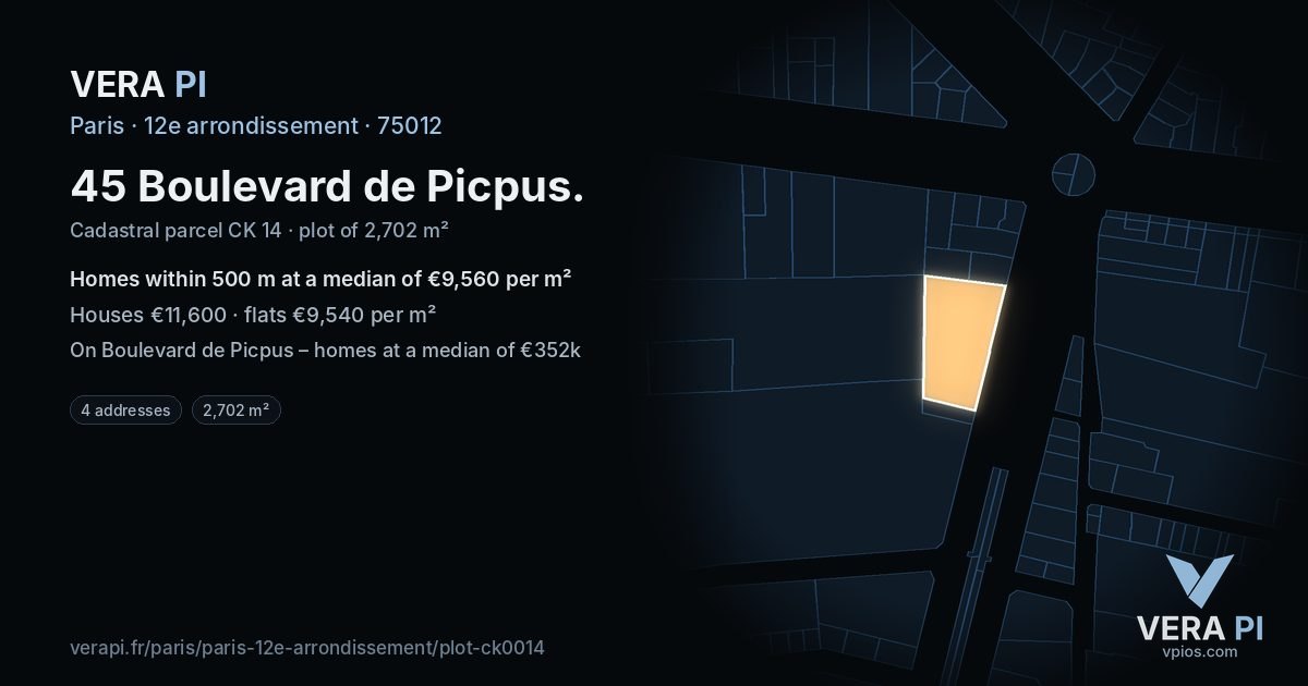 45 Boulevard de Picpus, 12e arrondissement at night – the plot lit, the parcels around coloured by the prices near them