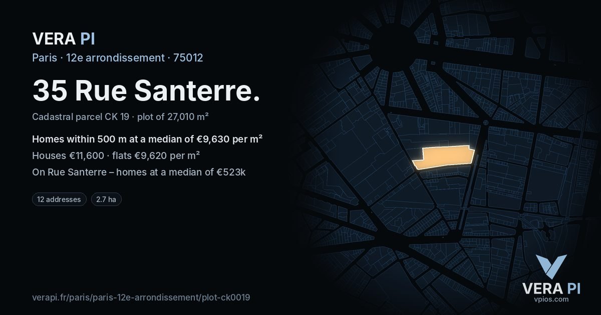 35 Rue Santerre, 12e arrondissement at night – the plot lit, the parcels around coloured by the prices near them