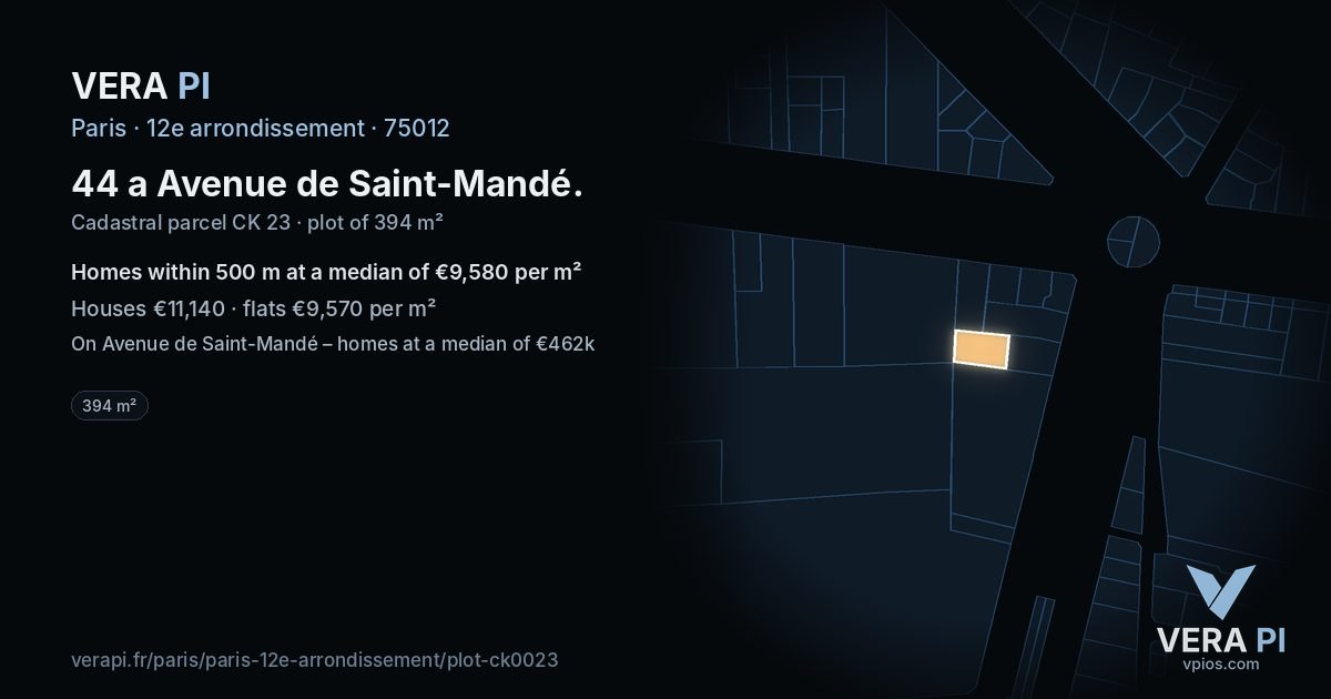 44 a Avenue de Saint-Mandé, 12e arrondissement at night – the plot lit, the parcels around coloured by the prices near them