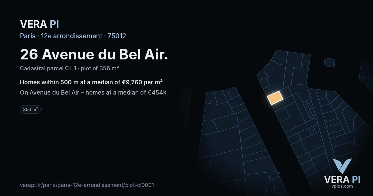 26 Avenue du Bel Air, 12e arrondissement at night – the plot lit, the parcels around coloured by the prices near them
