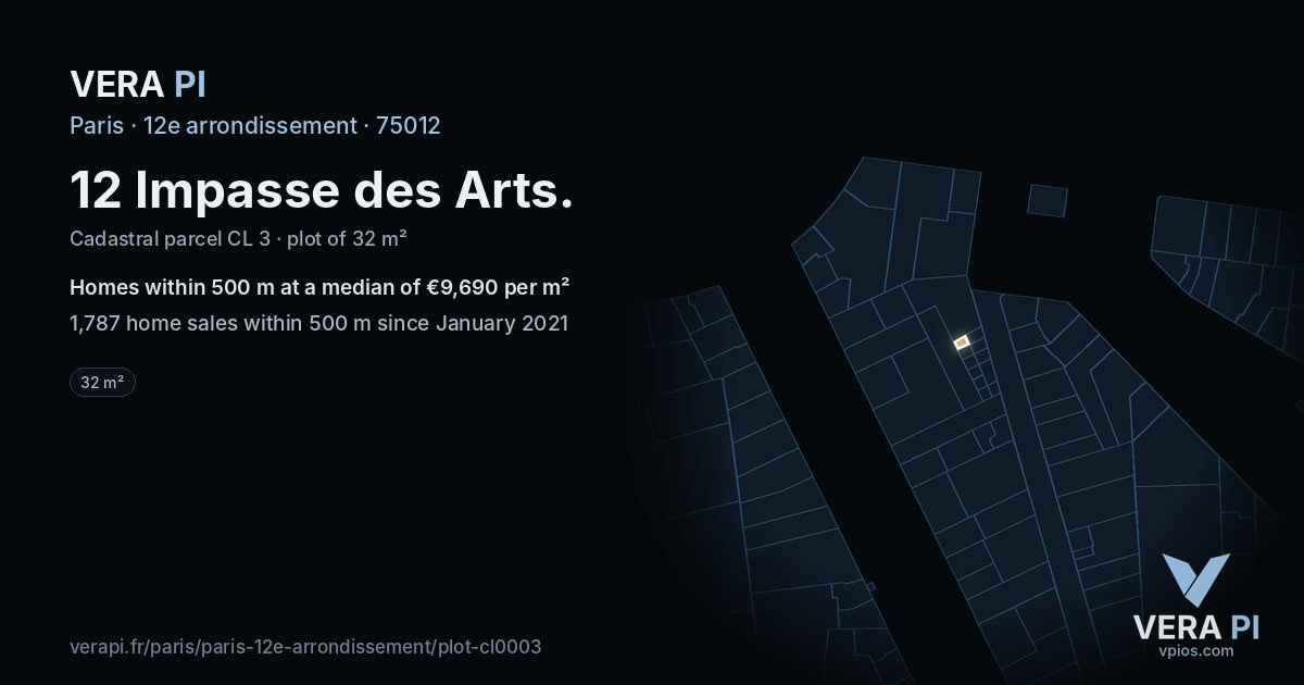 12 Impasse des Arts, 12e arrondissement at night – the plot lit, the parcels around coloured by the prices near them