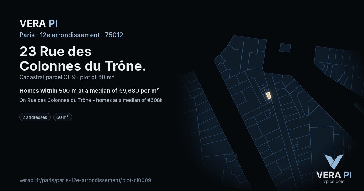 23 Rue des Colonnes du Trône, 12e arrondissement at night – the plot lit, the parcels around coloured by the prices near them