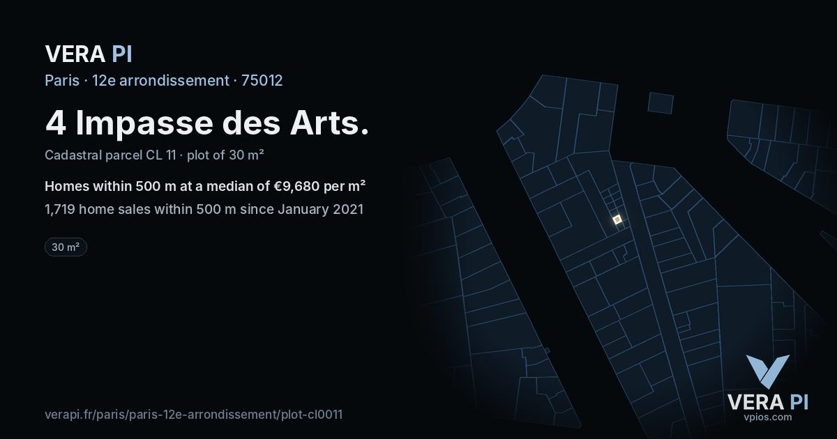 4 Impasse des Arts, 12e arrondissement at night – the plot lit, the parcels around coloured by the prices near them