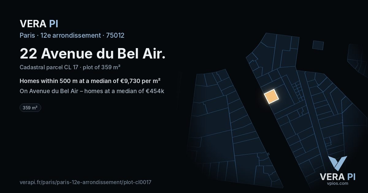 22 Avenue du Bel Air, 12e arrondissement at night – the plot lit, the parcels around coloured by the prices near them