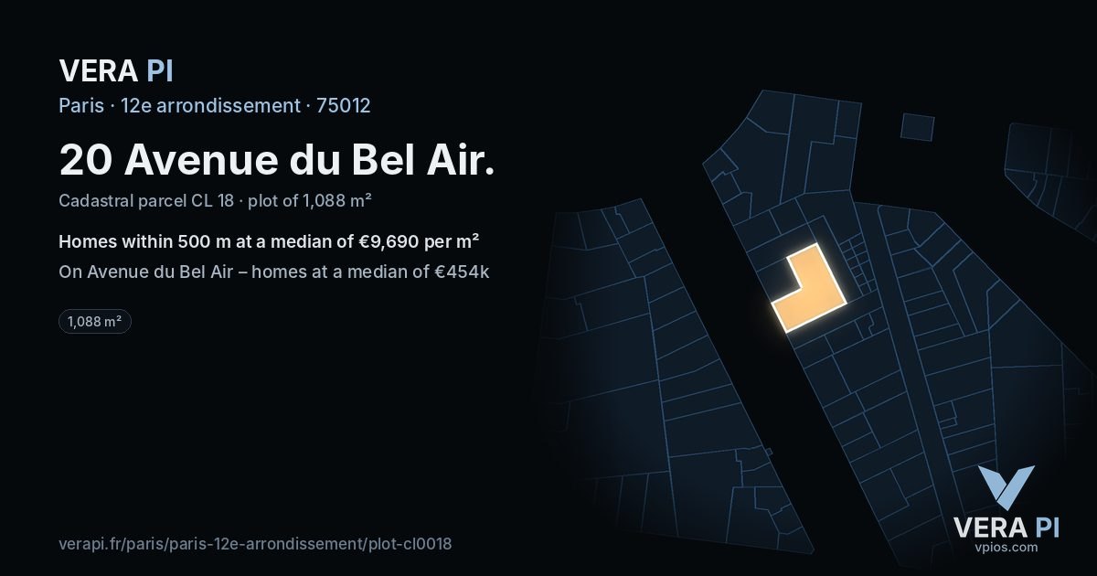 20 Avenue du Bel Air, 12e arrondissement at night – the plot lit, the parcels around coloured by the prices near them