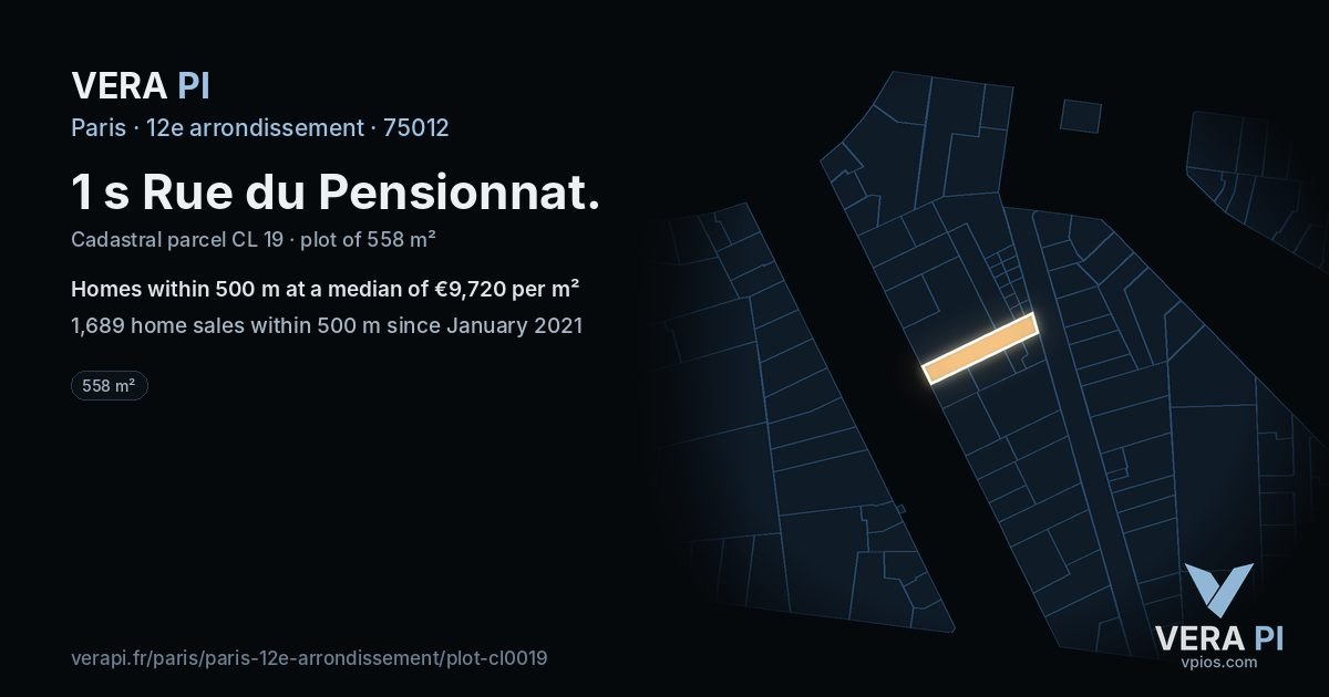1 s Rue du Pensionnat, 12e arrondissement at night – the plot lit, the parcels around coloured by the prices near them