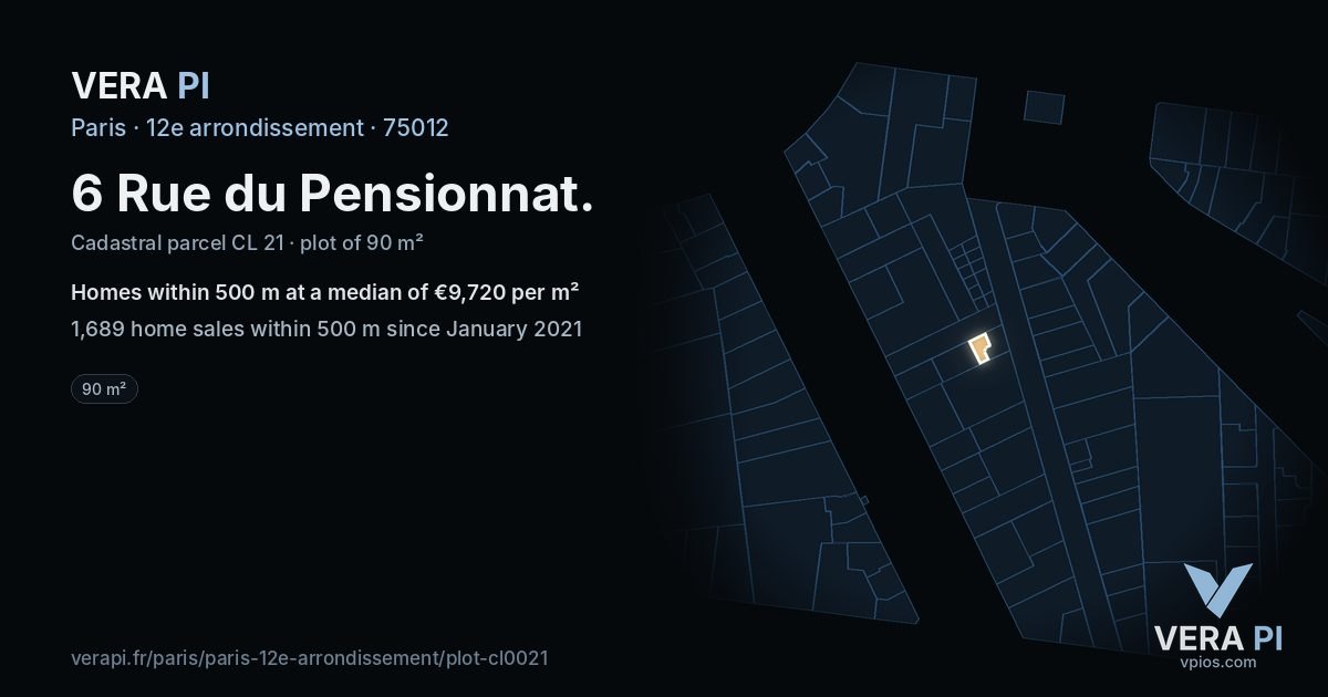 6 Rue du Pensionnat, 12e arrondissement at night – the plot lit, the parcels around coloured by the prices near them