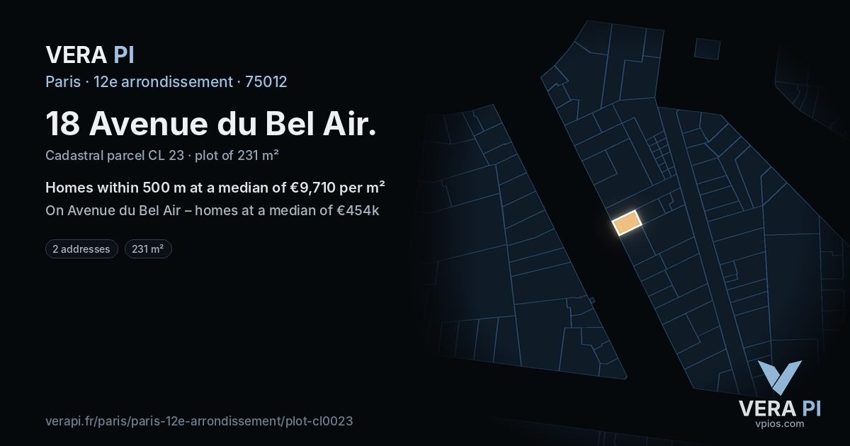 18 Avenue du Bel Air, 12e arrondissement at night – the plot lit, the parcels around coloured by the prices near them