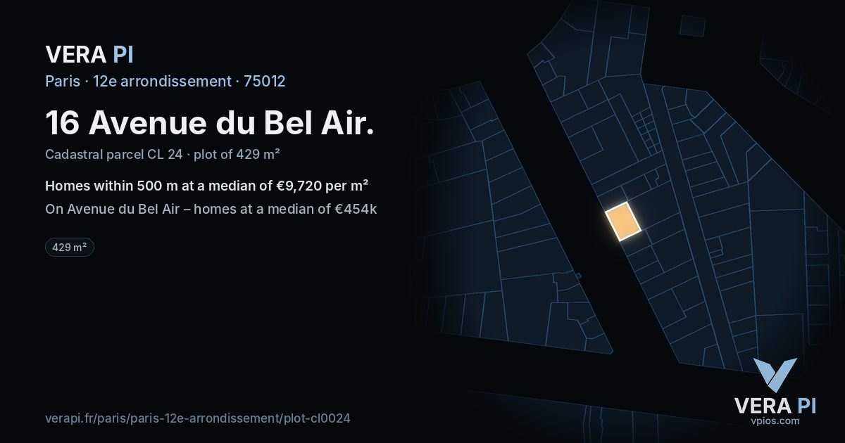 16 Avenue du Bel Air, 12e arrondissement at night – the plot lit, the parcels around coloured by the prices near them