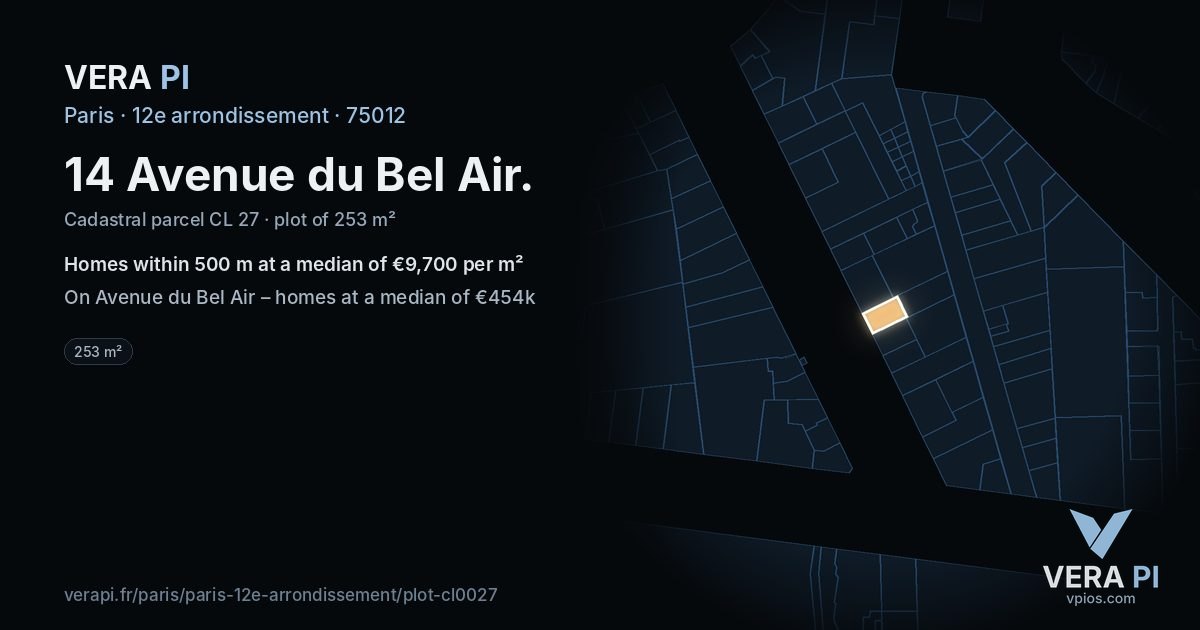 14 Avenue du Bel Air, 12e arrondissement at night – the plot lit, the parcels around coloured by the prices near them