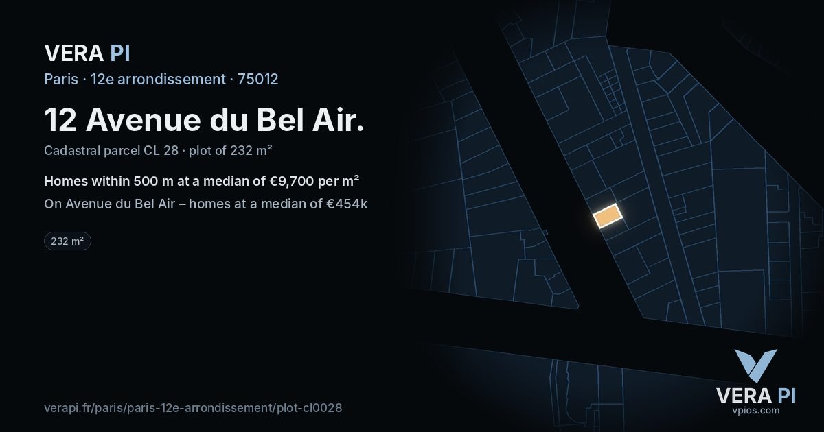 12 Avenue du Bel Air, 12e arrondissement at night – the plot lit, the parcels around coloured by the prices near them