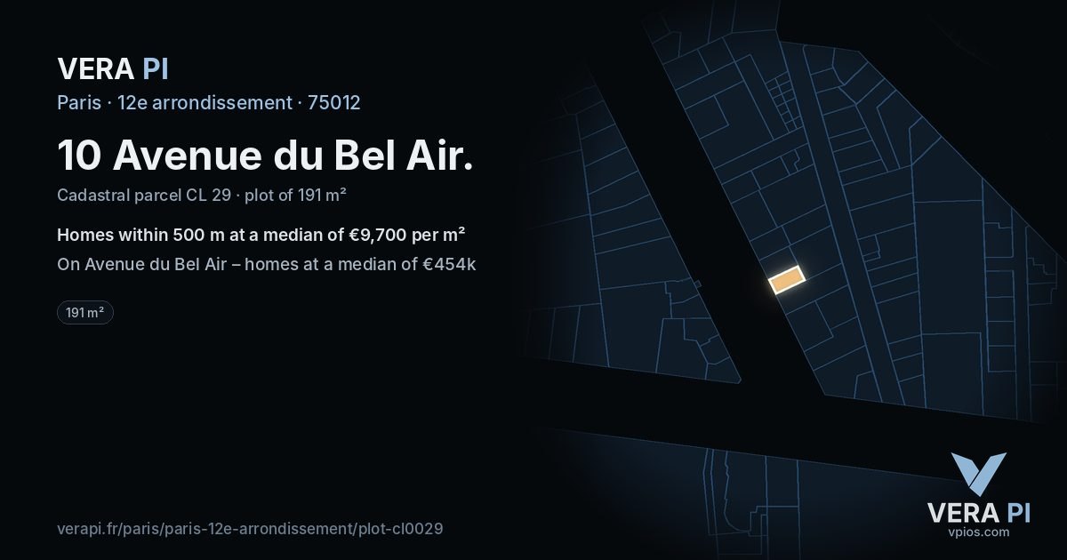 10 Avenue du Bel Air, 12e arrondissement at night – the plot lit, the parcels around coloured by the prices near them