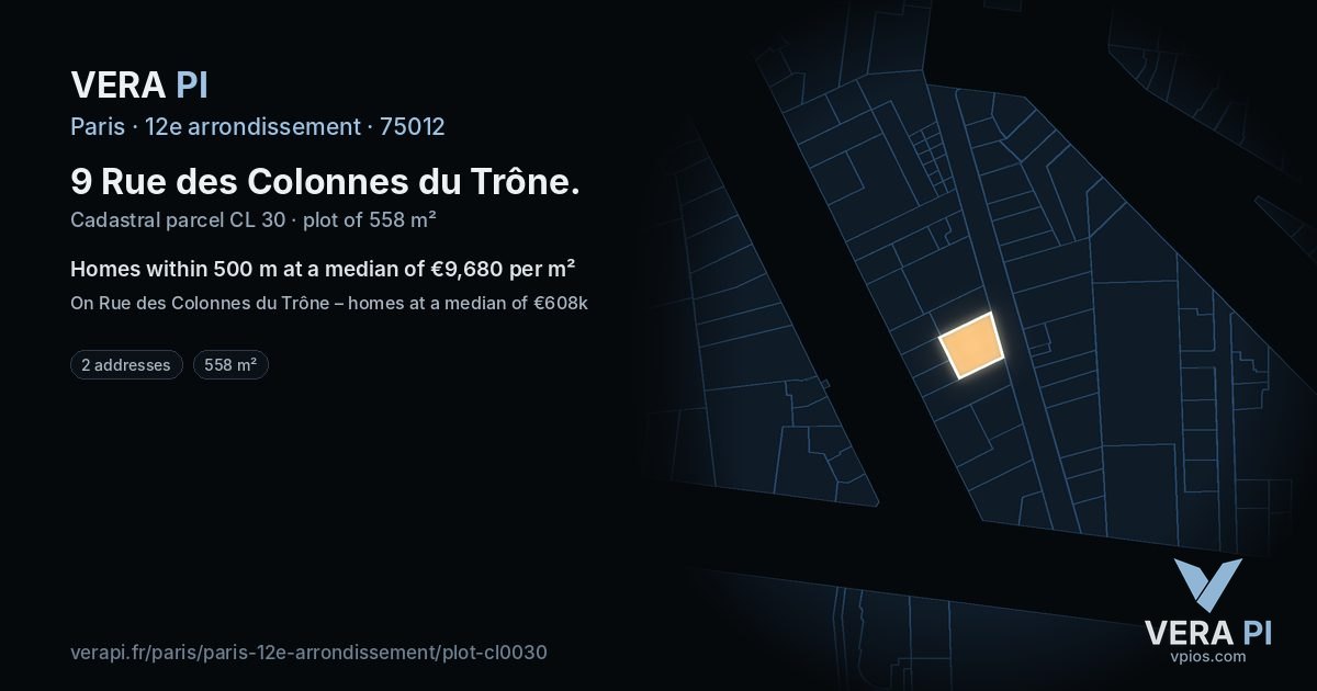 9 Rue des Colonnes du Trône, 12e arrondissement at night – the plot lit, the parcels around coloured by the prices near them