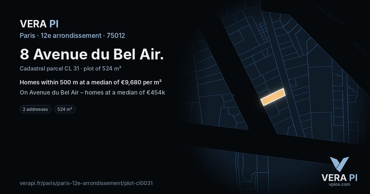 8 Avenue du Bel Air, 12e arrondissement at night – the plot lit, the parcels around coloured by the prices near them