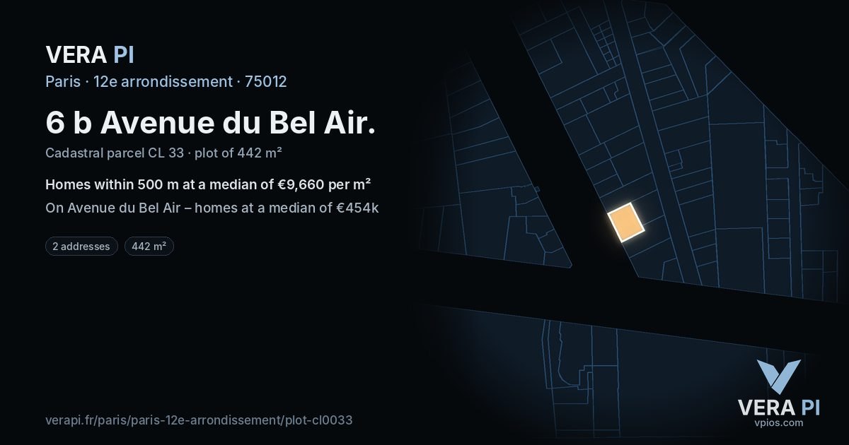 6 b Avenue du Bel Air, 12e arrondissement at night – the plot lit, the parcels around coloured by the prices near them