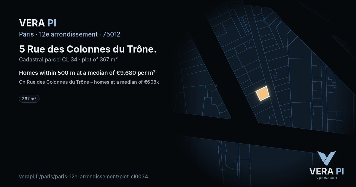 5 Rue des Colonnes du Trône, 12e arrondissement at night – the plot lit, the parcels around coloured by the prices near them