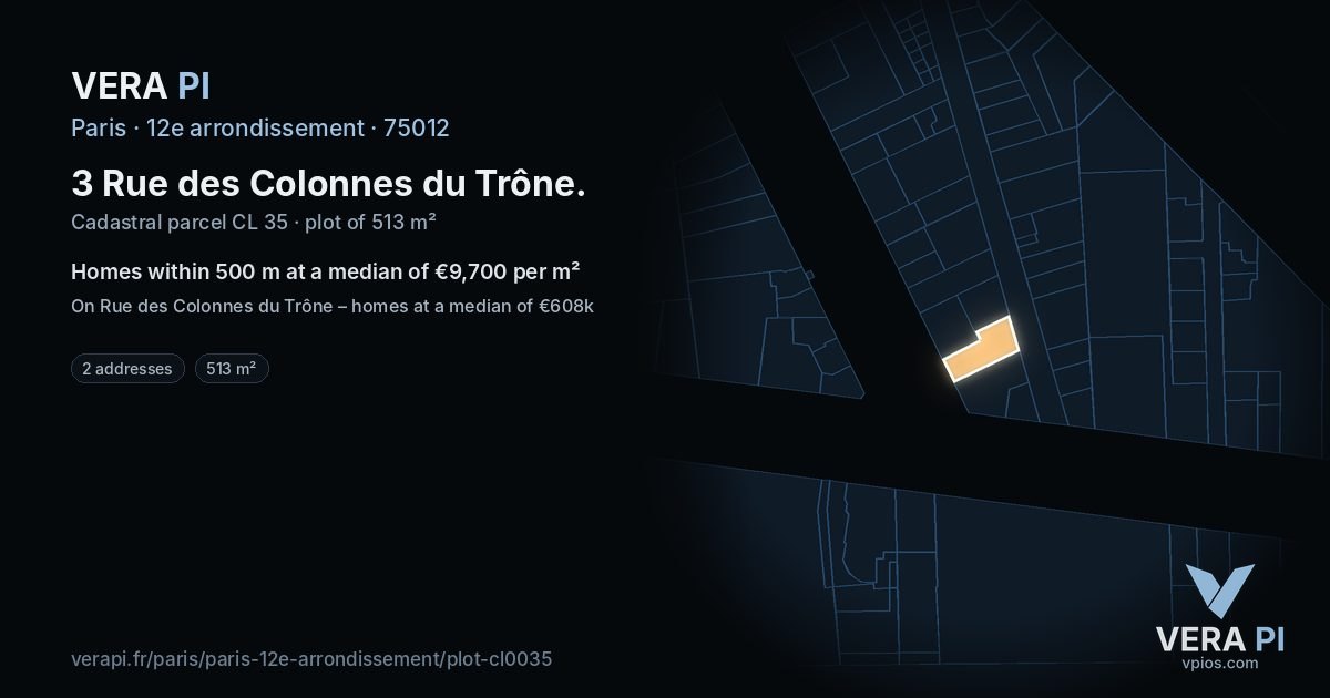 3 Rue des Colonnes du Trône, 12e arrondissement at night – the plot lit, the parcels around coloured by the prices near them