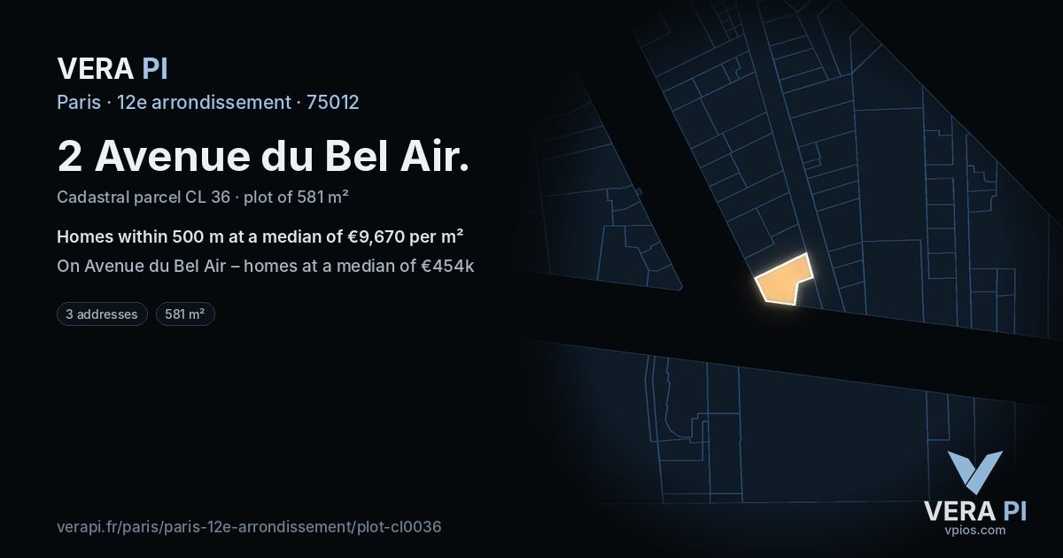 2 Avenue du Bel Air, 12e arrondissement at night – the plot lit, the parcels around coloured by the prices near them