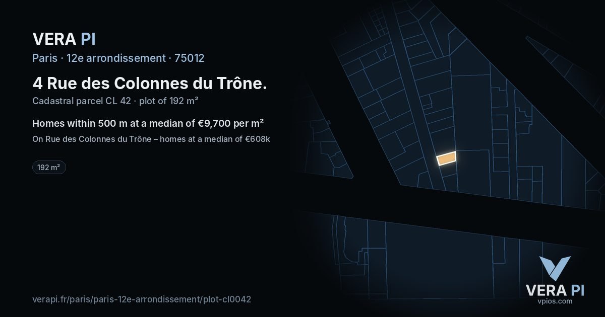 4 Rue des Colonnes du Trône, 12e arrondissement at night – the plot lit, the parcels around coloured by the prices near them