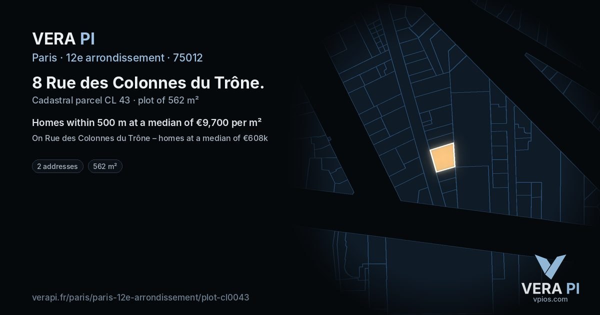 8 Rue des Colonnes du Trône, 12e arrondissement at night – the plot lit, the parcels around coloured by the prices near them