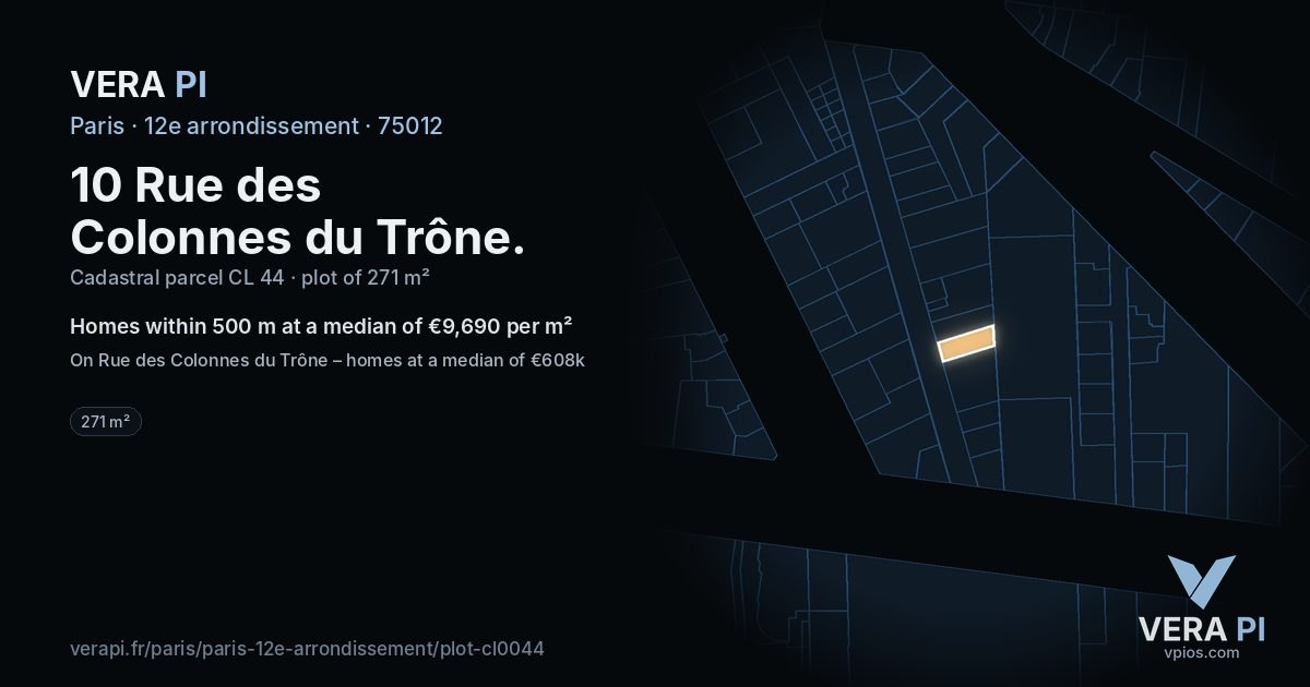 10 Rue des Colonnes du Trône, 12e arrondissement at night – the plot lit, the parcels around coloured by the prices near them
