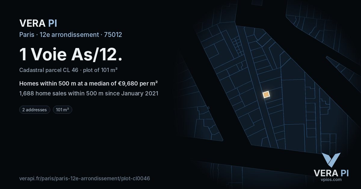 1 Voie As/12, 12e arrondissement at night – the plot lit, the parcels around coloured by the prices near them