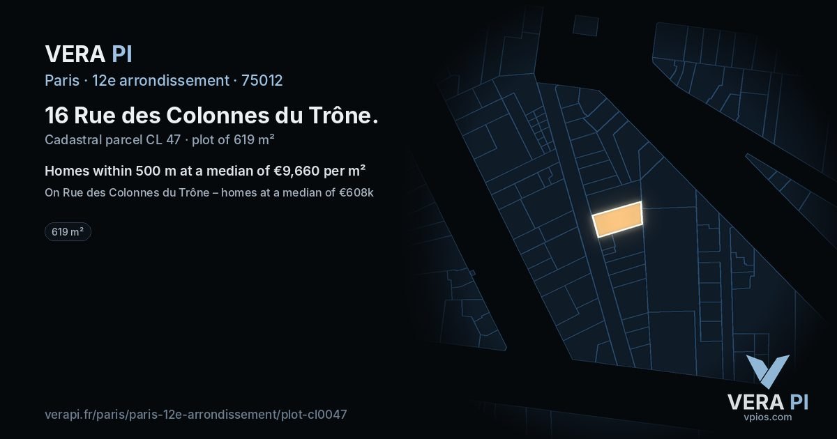 16 Rue des Colonnes du Trône, 12e arrondissement at night – the plot lit, the parcels around coloured by the prices near them