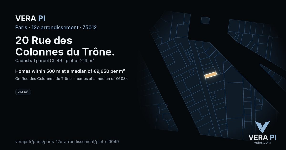 20 Rue des Colonnes du Trône, 12e arrondissement at night – the plot lit, the parcels around coloured by the prices near them