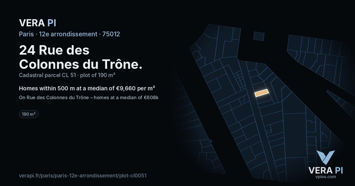 24 Rue des Colonnes du Trône, 12e arrondissement at night – the plot lit, the parcels around coloured by the prices near them