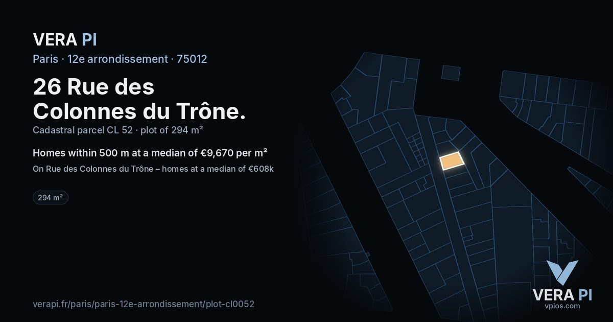 26 Rue des Colonnes du Trône, 12e arrondissement at night – the plot lit, the parcels around coloured by the prices near them