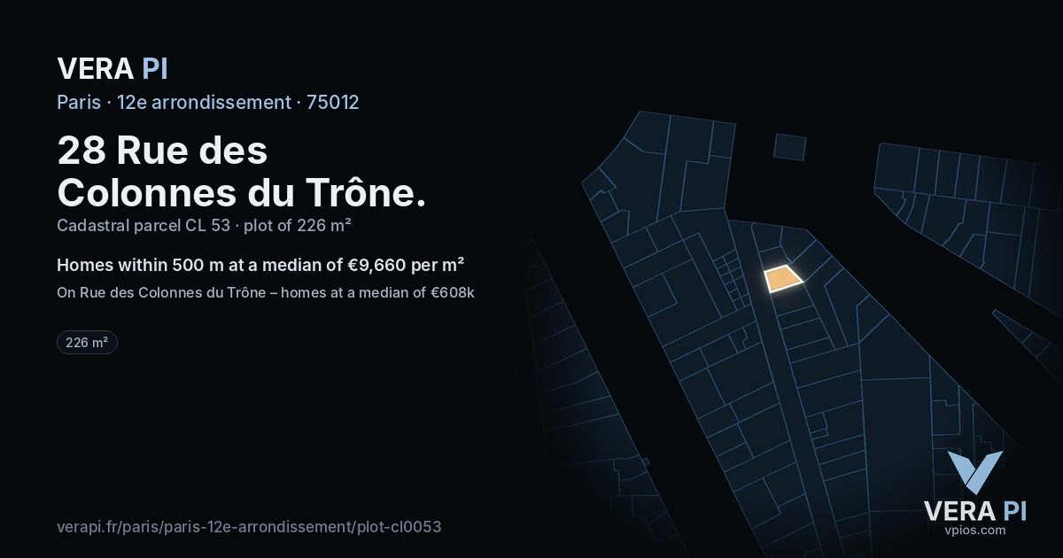 28 Rue des Colonnes du Trône, 12e arrondissement at night – the plot lit, the parcels around coloured by the prices near them