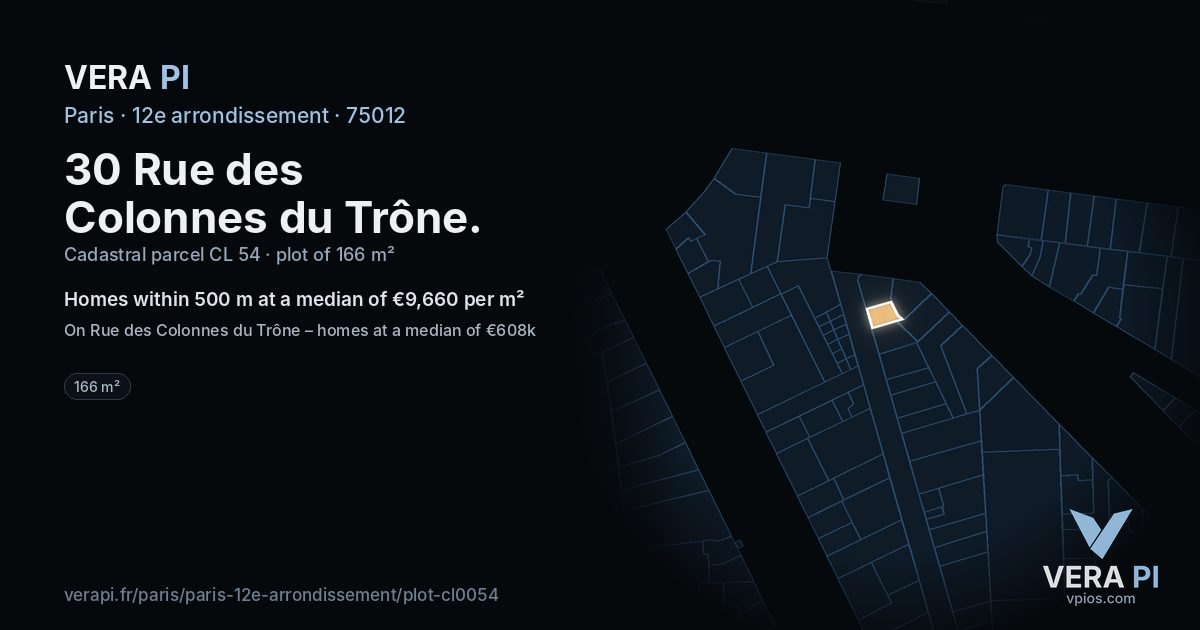 30 Rue des Colonnes du Trône, 12e arrondissement at night – the plot lit, the parcels around coloured by the prices near them