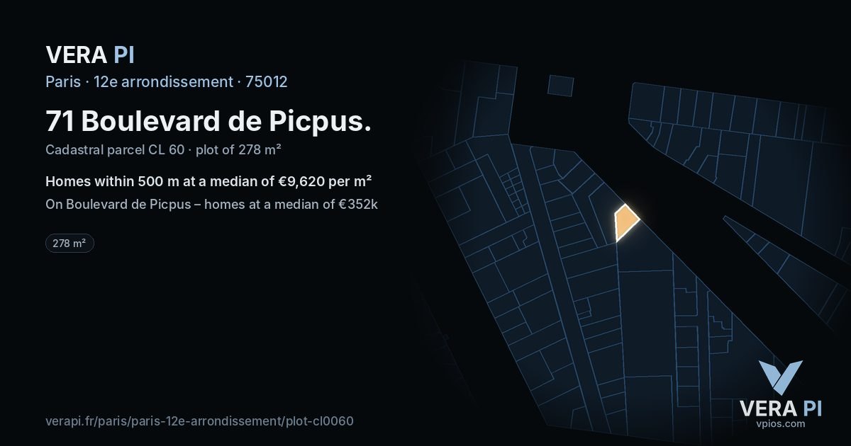 71 Boulevard de Picpus, 12e arrondissement at night – the plot lit, the parcels around coloured by the prices near them