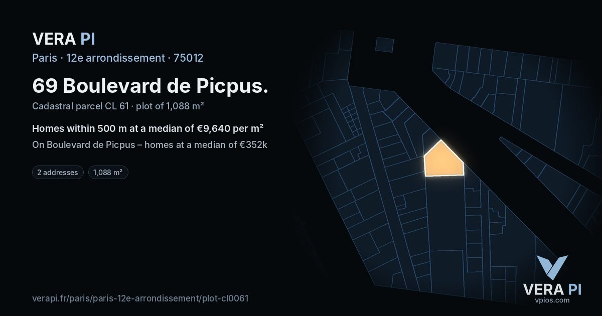 69 Boulevard de Picpus, 12e arrondissement at night – the plot lit, the parcels around coloured by the prices near them