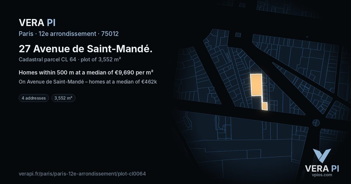 27 Avenue de Saint-Mandé, 12e arrondissement at night – the plot lit, the parcels around coloured by the prices near them