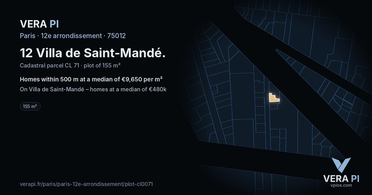 12 Villa de Saint-Mandé, 12e arrondissement at night – the plot lit, the parcels around coloured by the prices near them