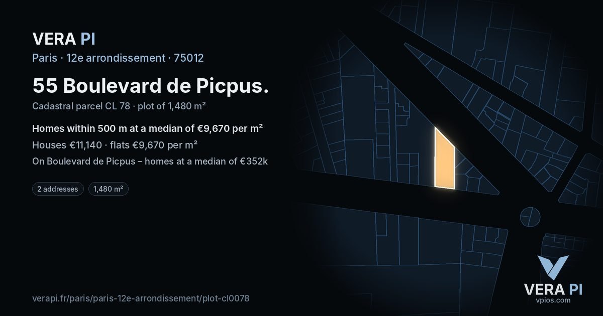 55 Boulevard de Picpus, 12e arrondissement at night – the plot lit, the parcels around coloured by the prices near them